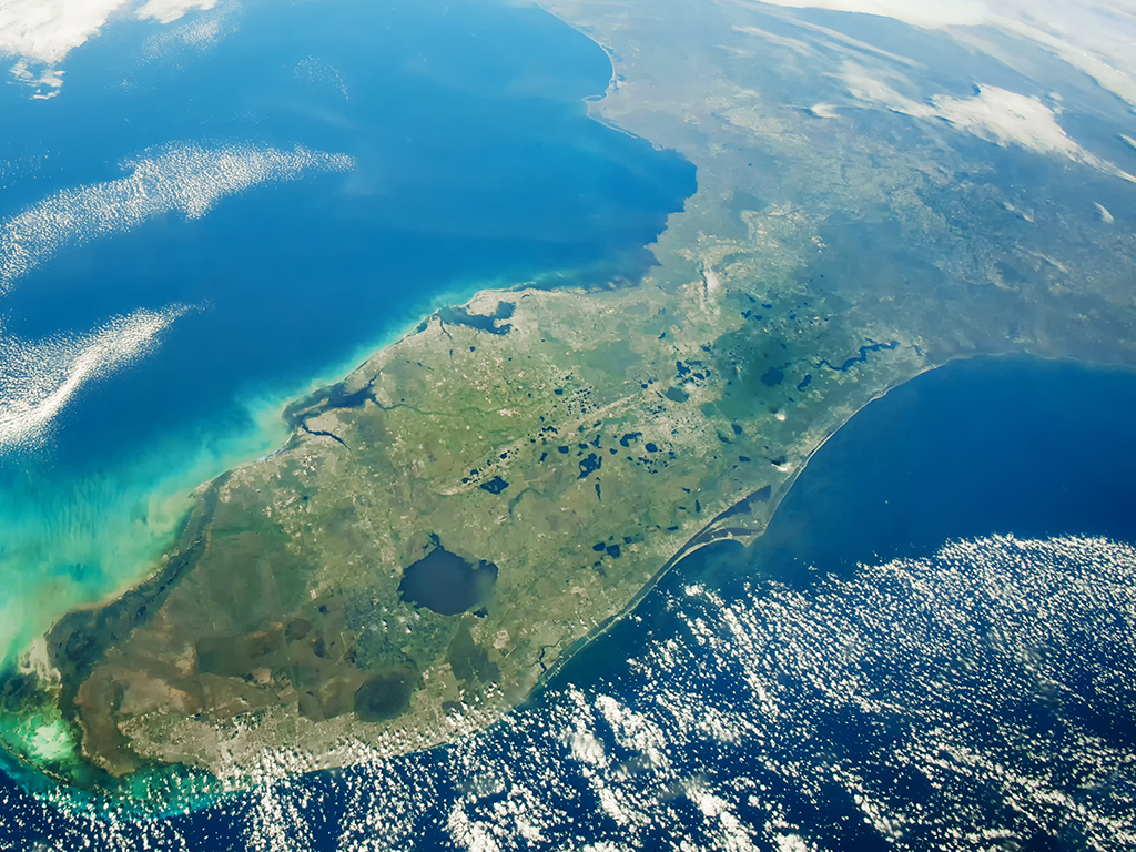 Aerial view of Florida peninsula and coastline from space.